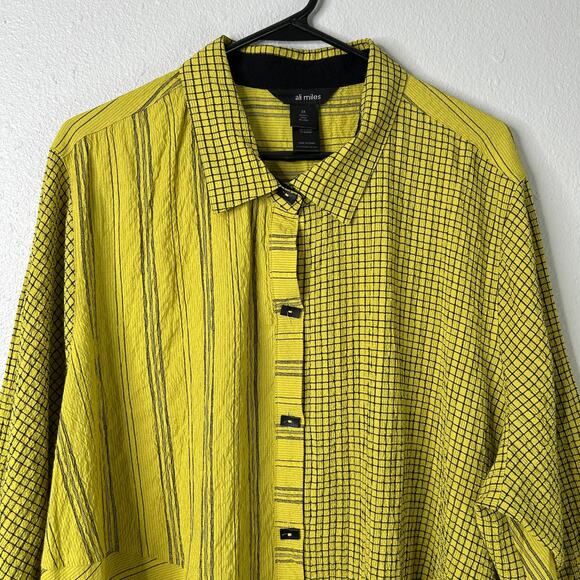 Ali Miles Wearable Art Asymmetric Tunic Citron 2X Crinkle Striped Button Blouse - Picture 2 of 13